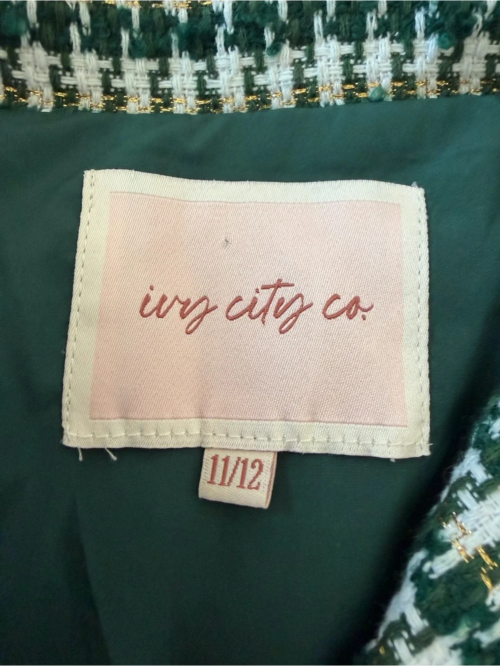 Ivy City Co Houndstooth Tweed Green and White Button Up Blazer Jacket for Girls
